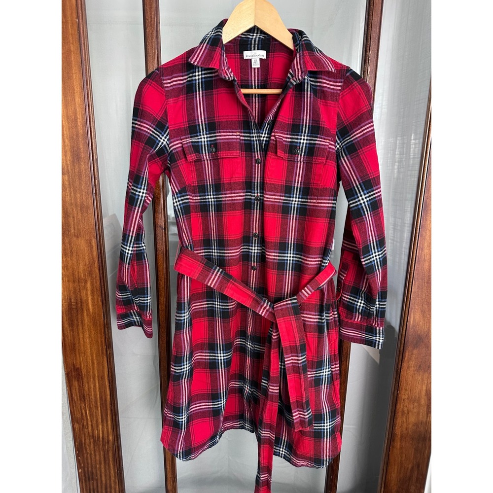 LL Bean Signature Red Plaid Flannel Shirt Dress XS Petite Cotton Belted Pockets